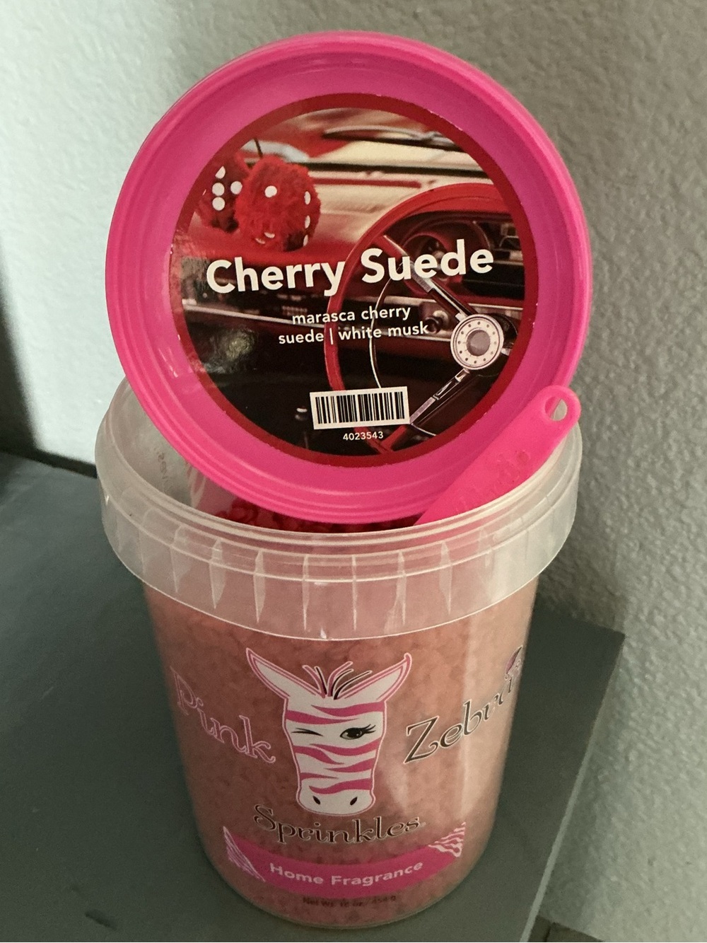 Cherry Suede Pink Zebra Wax Melts in a 4 oz blend bag